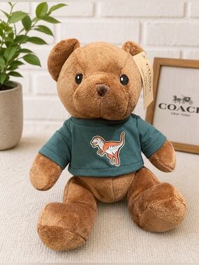 NIP Coach Brown Plush Bear with Green Shirt and Dino Patch